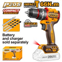 INGCO 20V brushless cordless impact drill, 66Nm