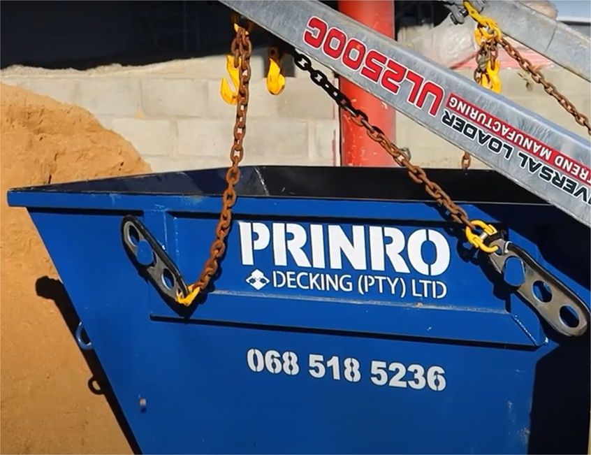 A Prinro Decking skip bin being delivered